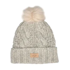 UGG Women's Knit Cable Faux Fur Pom Beanie - -Ugg 20060 LGRY XXX